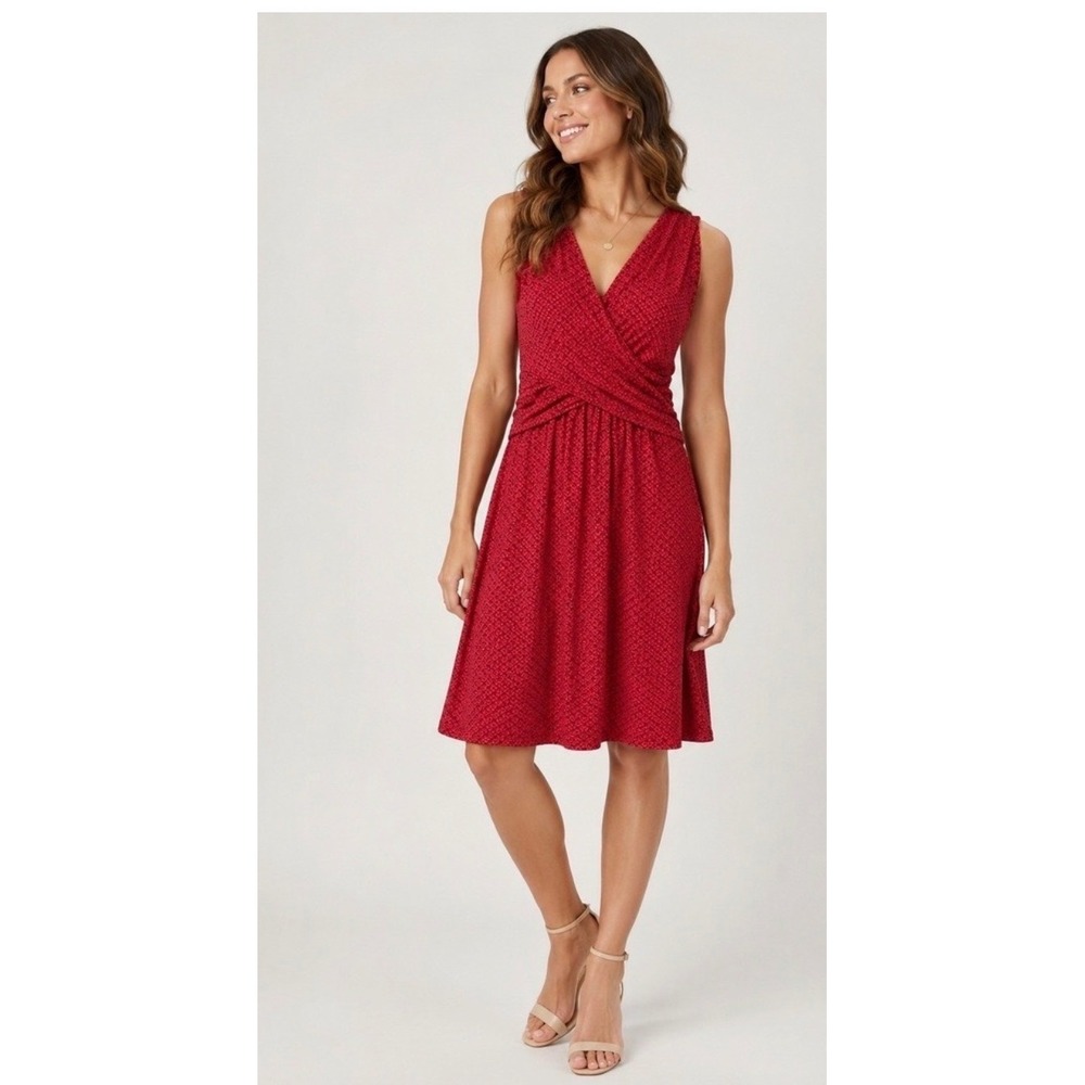 Lands' End Red Faux Wrap Fit Flare Dress Geometric Print Sleeveless Stretch